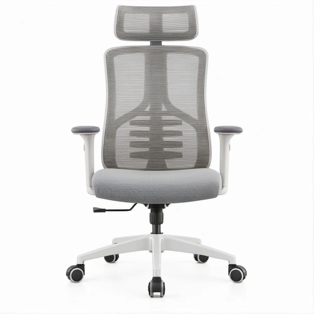 Ergonomischer Bürostuhl Grau/Weiß/Schwarz mit Kopfstütze, 64 x 64 x 118–128 cm