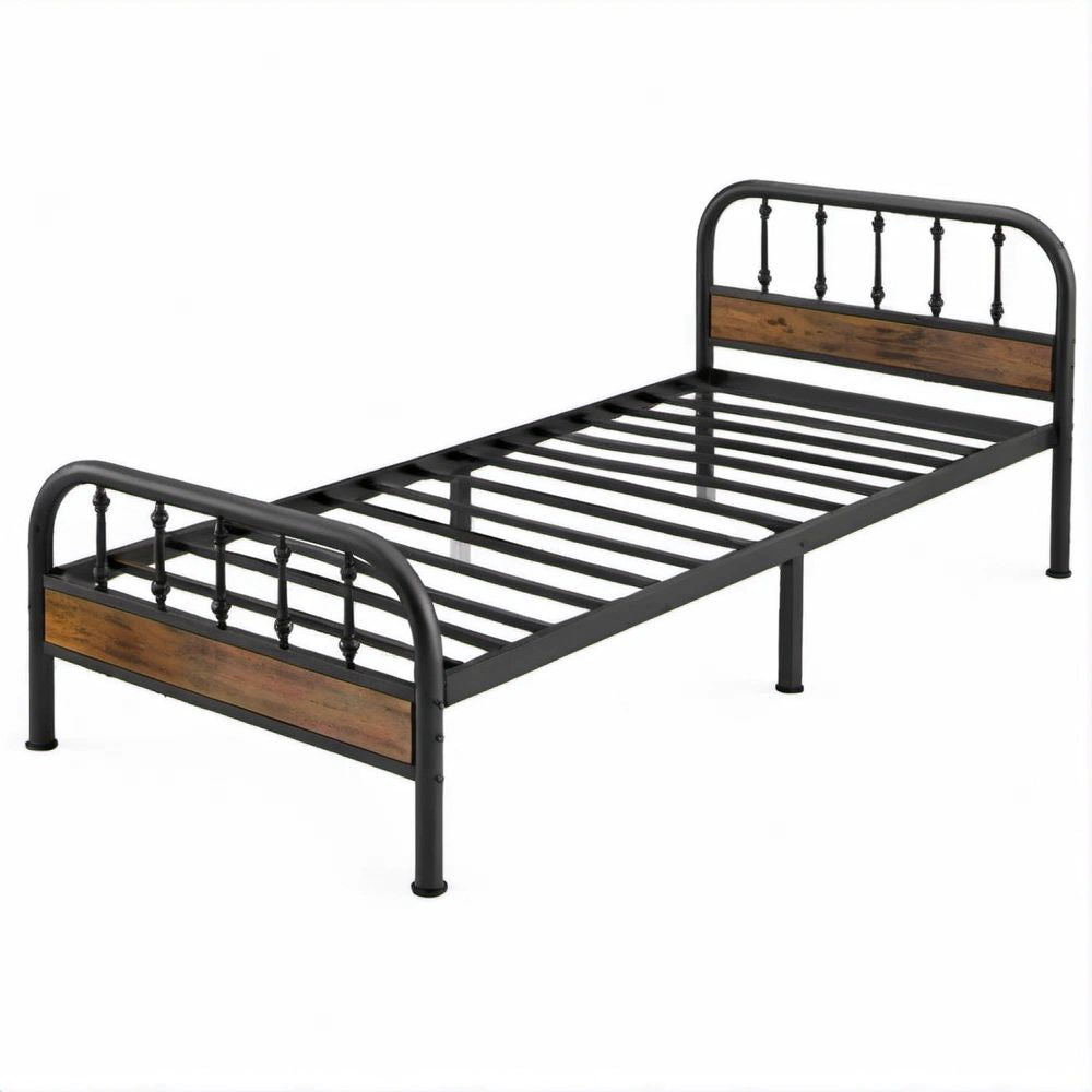 Metallbett 90 x 200 cm aus pulverbeschichtetem Stahl und MDF, Schwarz/Braun