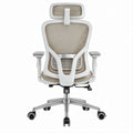Ergonomischer Bürostuhl mit Kopfstütze, Netzrücken und Armlehnen, Weiß/Beige, 66 x 66 x 118–128 cm