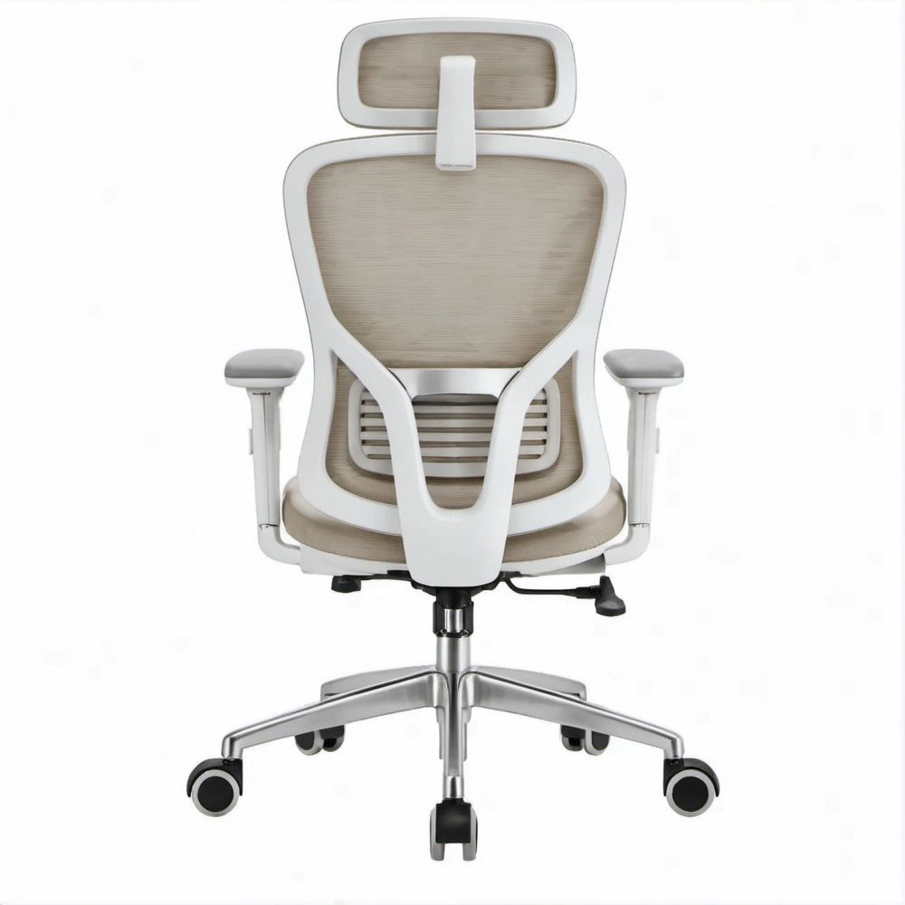 Ergonomischer Bürostuhl mit Kopfstütze, Netzrücken und Armlehnen, Weiß/Beige, 66 x 66 x 118–128 cm