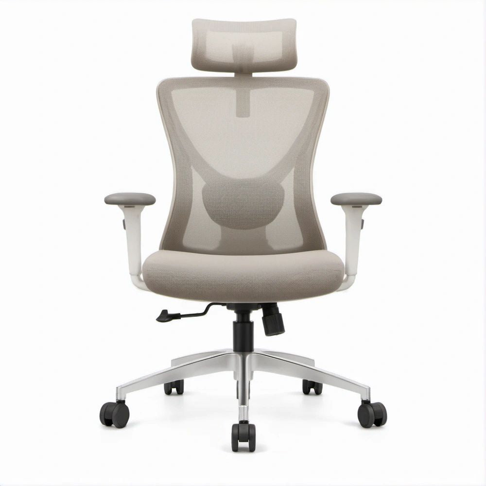 Ergonomischer Bürodrehstuhl mit Netzrückenlehne, Kopfstütze und verstellbaren Armlehnen, Hellgrau/Schwarz/Silber, 66 x 66 x 118–128 cm