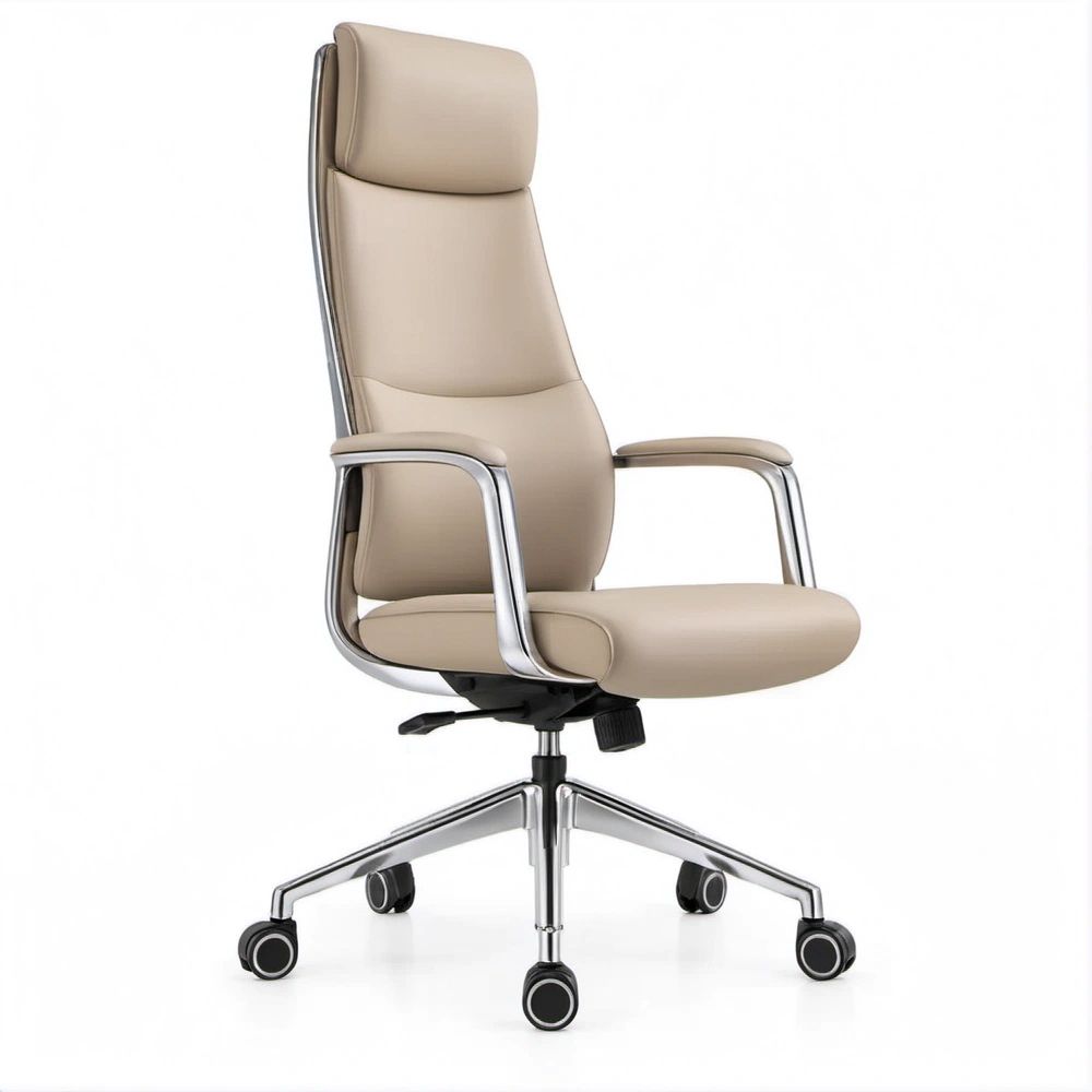 Chefsessel mit hoher Rückenlehne aus PU-Kunstleder in Beige, 64 x 64 x 118–128 cm