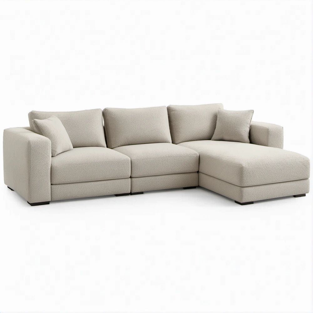 Ecksofa mit Recamiere rechts in Creme, Bouclé-Polyester, 280 x 165 x 85 cm