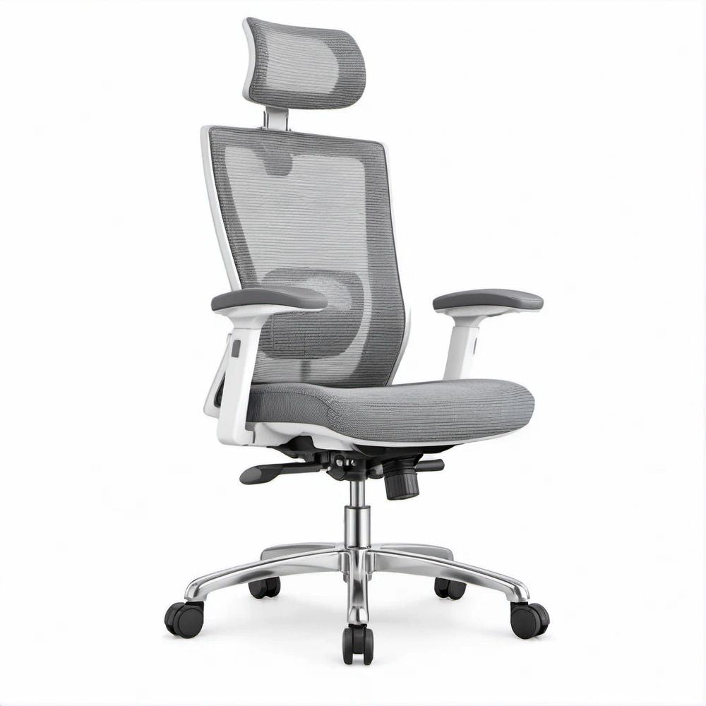Ergonomischer Drehstuhl mit Kopfstütze, Netzbezug, Grau/Weiß, 66 x 66 x 116–126 cm
